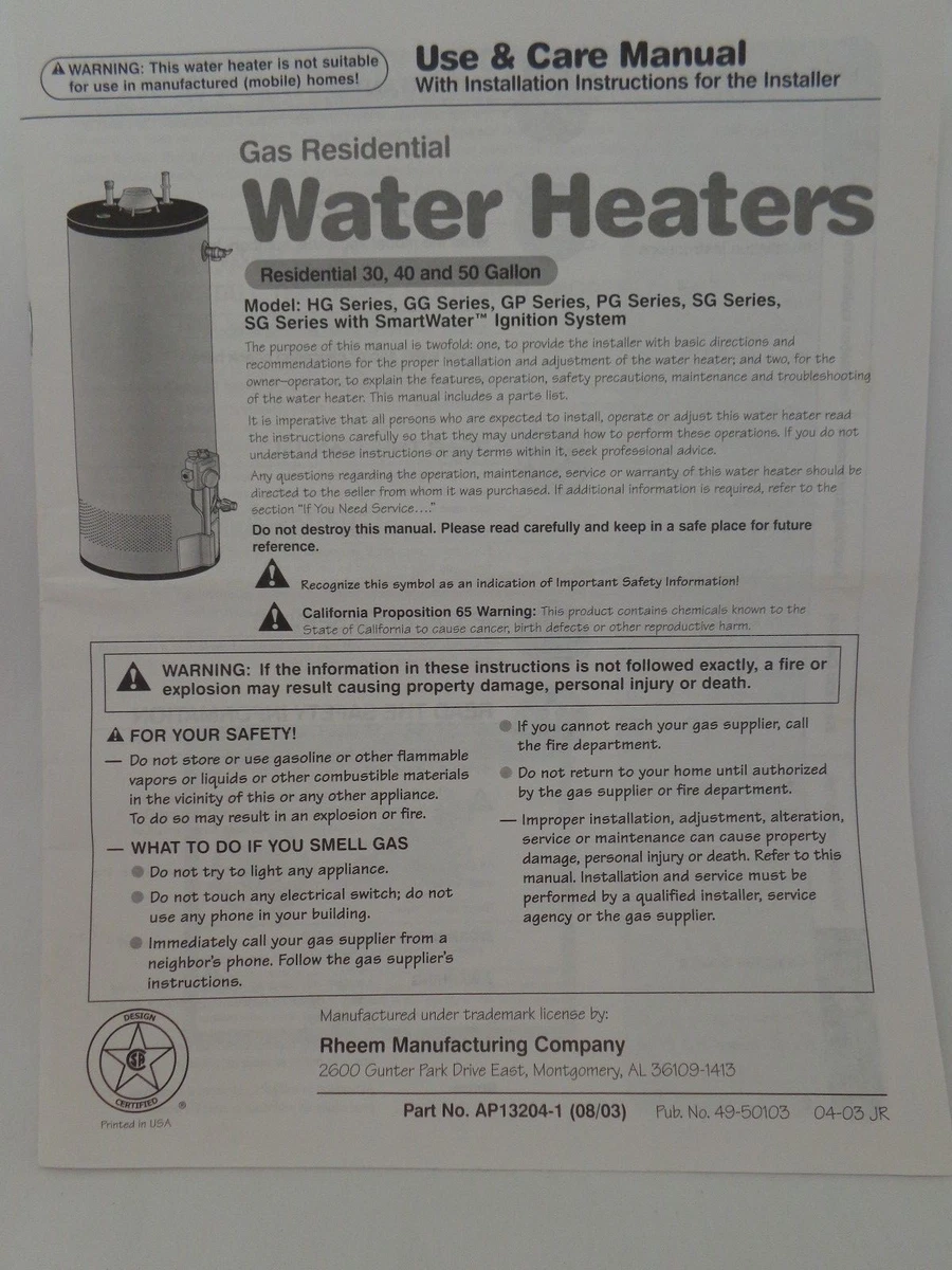 RHEEM Gas Residential Water Heaters Use u0026amp; Care Manual 30, 40 and 50  gallon | eBay