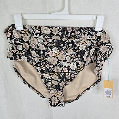 Kona Sol Women 3X High Waisted Ruched Full Coverage Floral Black Bikini Bottom