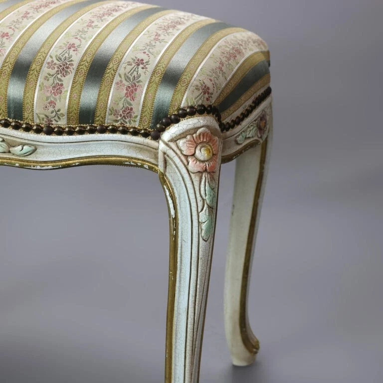 Banco Vintage Francés Estilo Luis XIV Policromado y Tapizado C1940 Foto 4 de 4