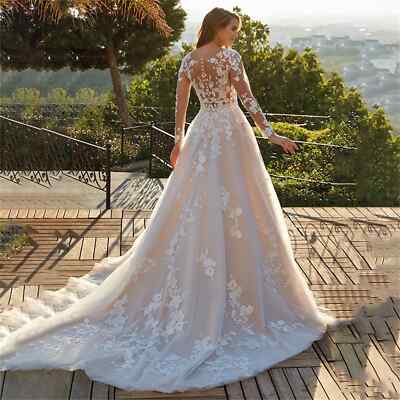Long Sleeve 3D Floral V-Neck Wedding Dresses Lace Sweep Train Bridal Gowns  | eBay