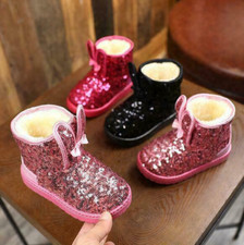 GIRLS KIDS INFANT GLITTER ANKLE WARM WINTER FAUX FUR LINED COMFY SHOES BOOTS