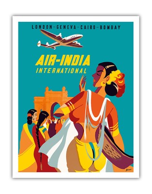 London Geneva Cairo Bombay - Vintage Air India International Travel Poster 1950