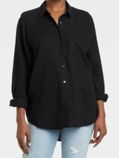 A New Day - Women's Long Sleeve Button Down Boyfriend Shirt Black Large -R2P3