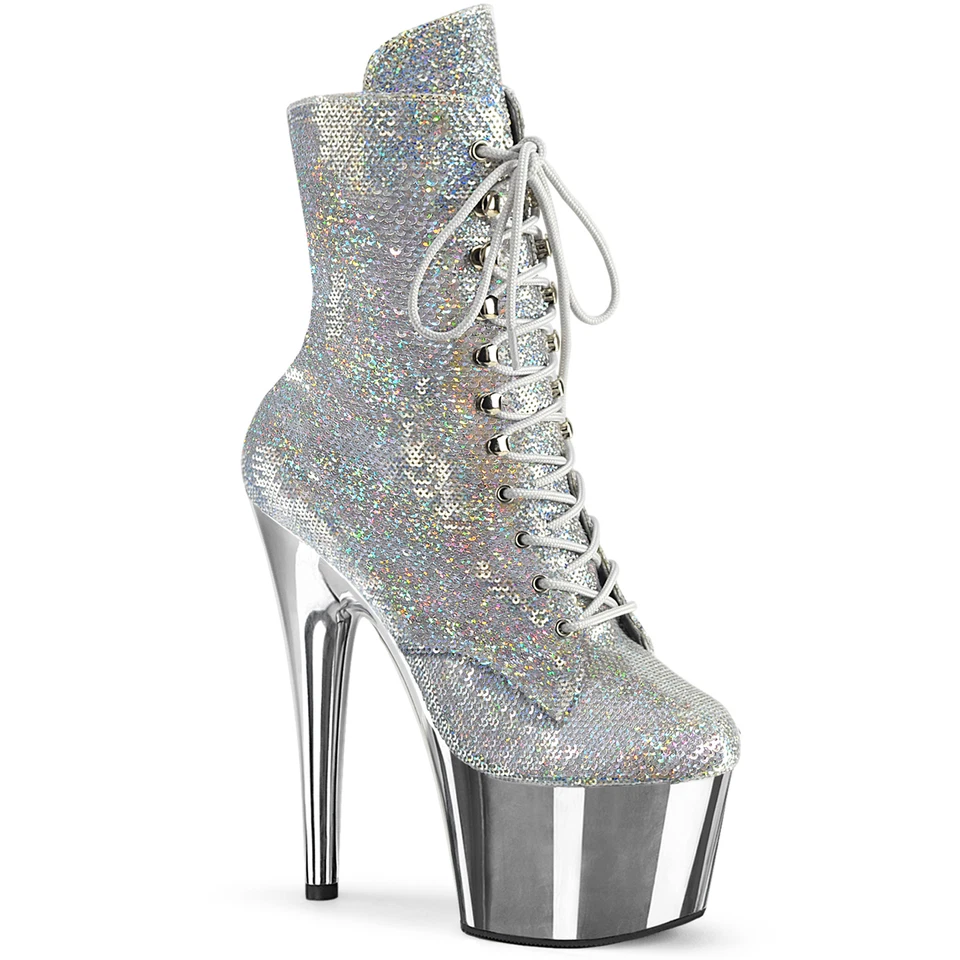 ADORE-1020SQ-02 Pleaser High Heels Plateaustiefeletten Pailletten silber Chrom - Bild 1 von 1