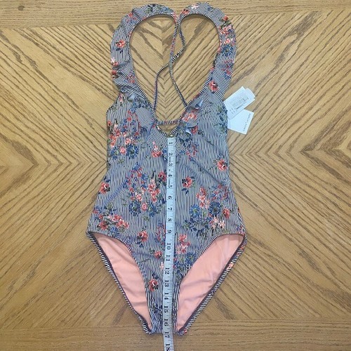 Gibson Latimer One Piece Swimsuit Navy and White Stripes With Floral Pattern XS - Picture 7 of 8