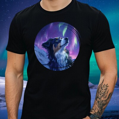 Herren T-Shirt Schäferhund mit Nordlicht Motiv Baumwolle Größe XS bis 5XL