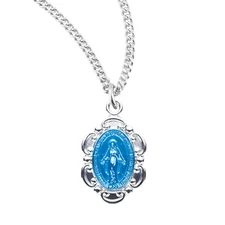 Sterling Silver Blue Enameled Oval Fancy Edge Miraculous Medal Necklace 18"Chain