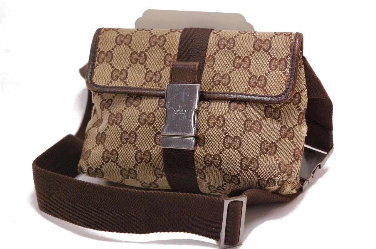Auth Gucci GG Canvas Monogram Waist Belt Bum Bag Fanny Pack Brown 1219a