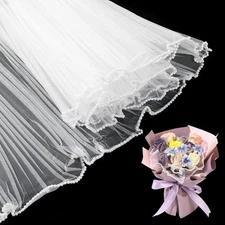 2 Pack 4.37 Yards White Flower Wrapping Mesh Paper Pearl Edge Net Yarn
