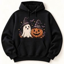 Cute Ghost Pumpkin Witch Hat Black Hoodie Halloween Spooky Season Unisex Gift