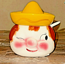 Vintage Napco Japan Anthropomorphic Winking Boy Ceramic Jam Jar Kitchy MCM