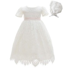 Baby Girls Lace Dress Christening Baptism Gowns Outfit with Bonnet Ivory