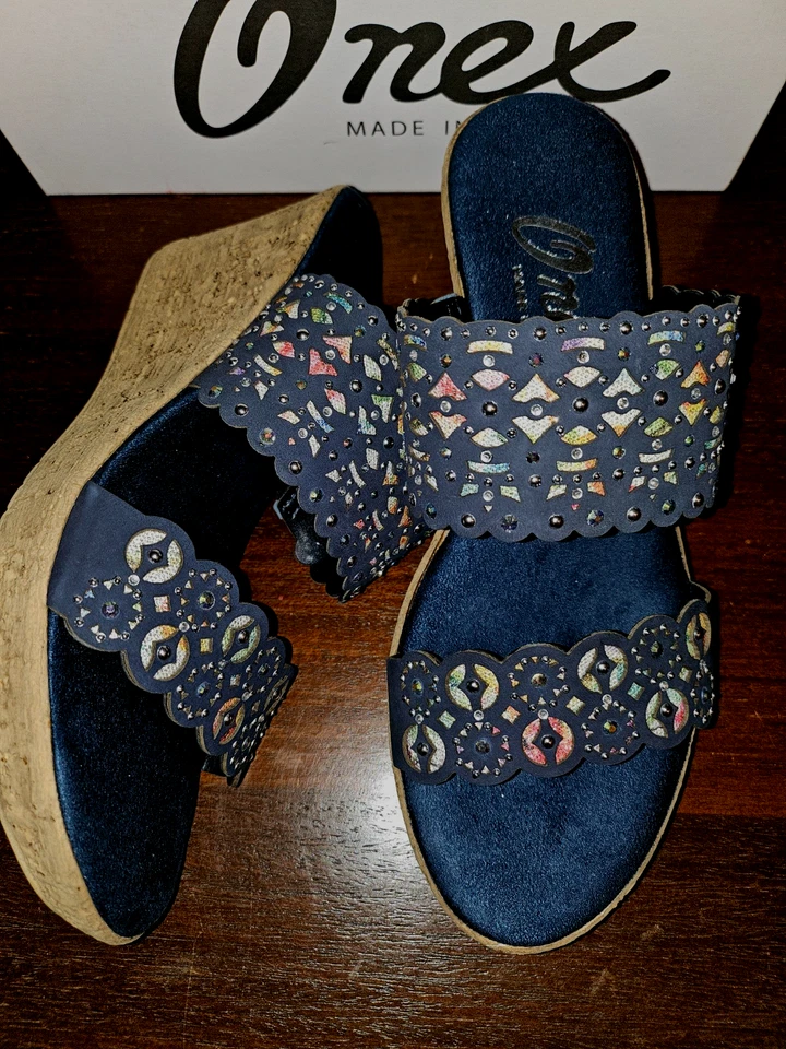 Sandália anabela Onex Oppal Navy Nubuck 2 bandas corte a laser feminina 9 nova na caixa - Imagem 2 de 4