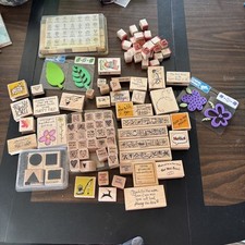 lot of 50 wood and rubber stamps, various designs, craft, or art supplies