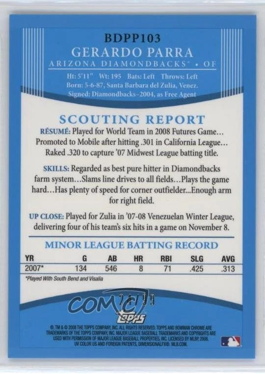 2008 Bowman Draft Prospects Chrome Blue Refractor /99 Gerardo Parra #BDPP103 - Image 2 of 2