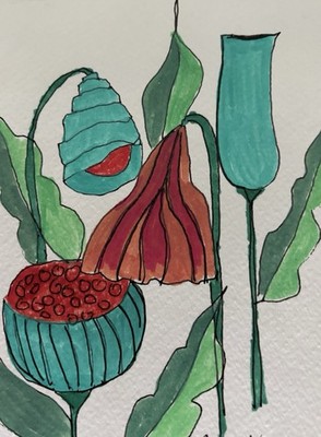 Flowers Forna Floral Red Purple Pink Blue Orig Art Painting By Artist, Free Ship