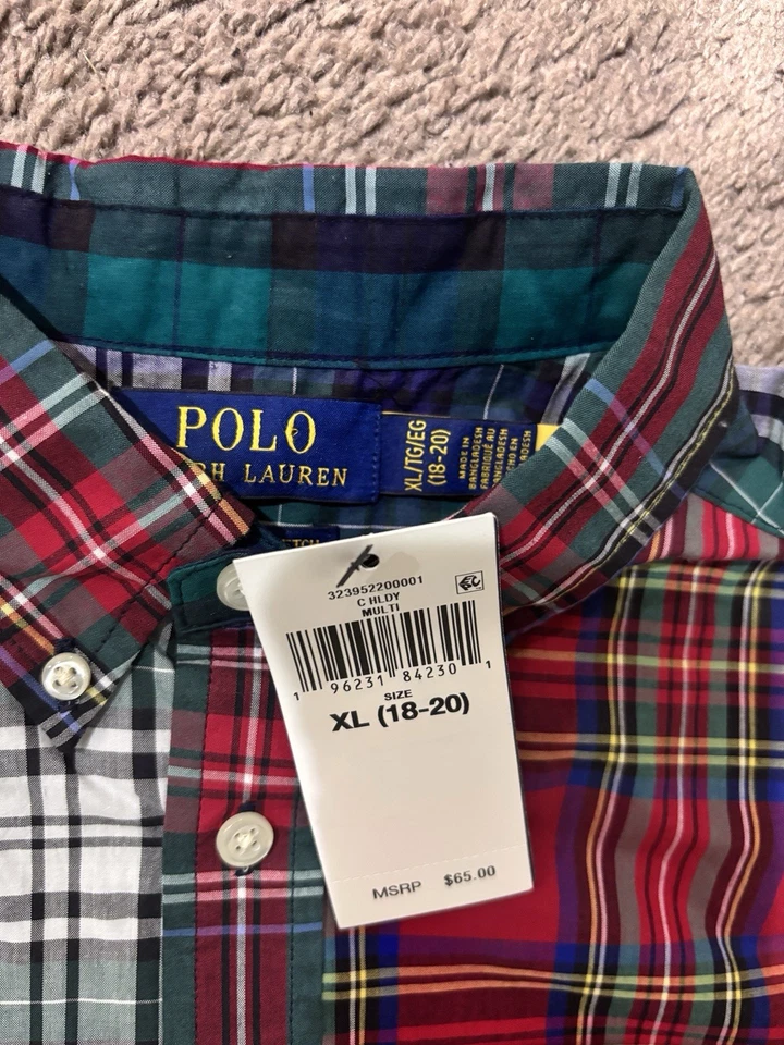Ralph Lauren Youth XL 18 20 多色拼布格子纽扣衬衫 — 第 3/4 张图片