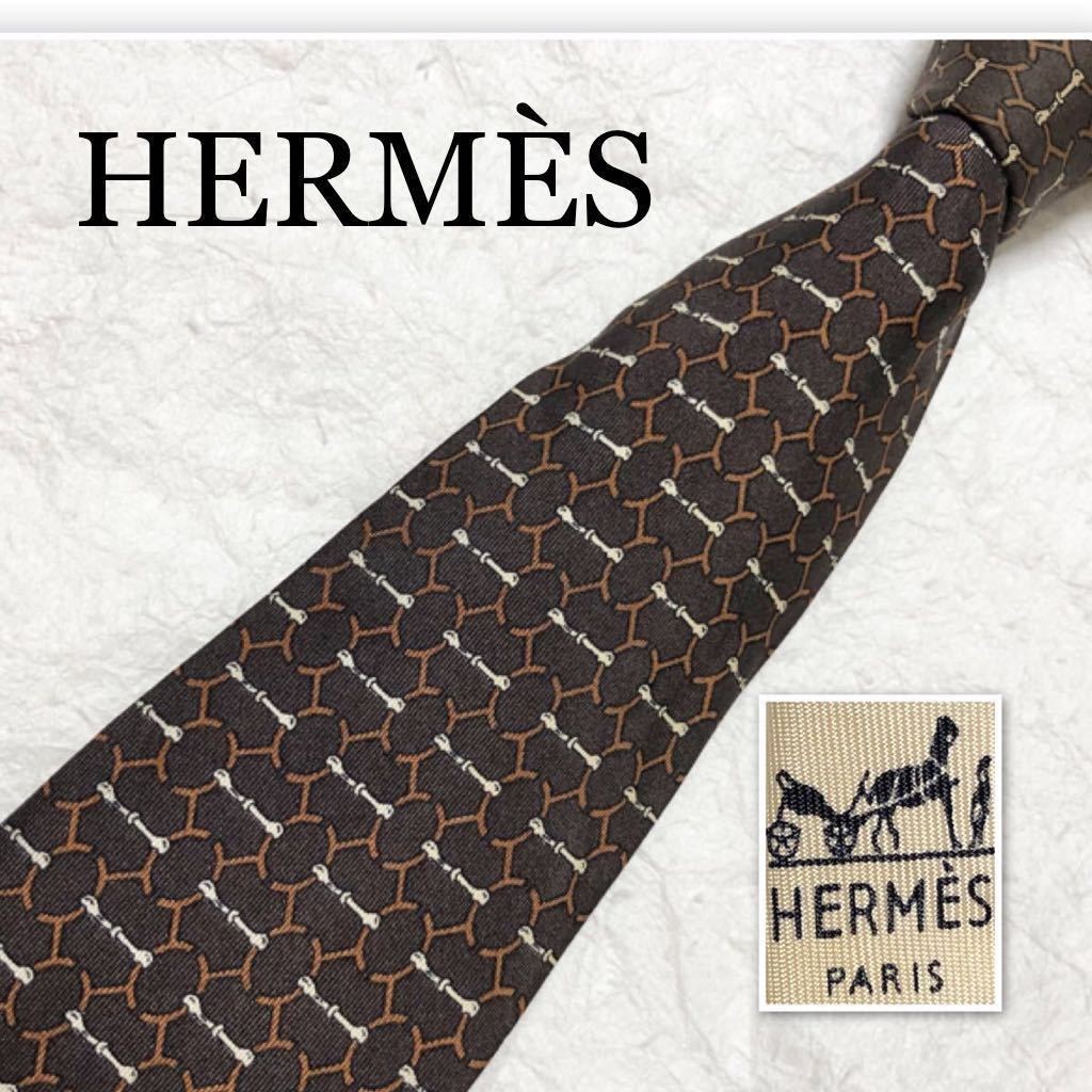 HERMES Tie H Pattern Parts Metal Accessories All over  100 Silk Made in France B