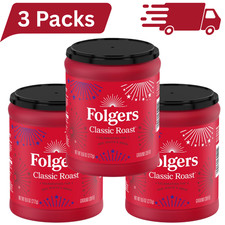 3 PACK Folgers Classic Roast Ground Coffee, Medium Roast, 9.6 oz Canister