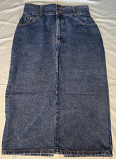Vintage High Waisted Denim Midi Skirt Dark Wash Double Button Pencil Slit 27W