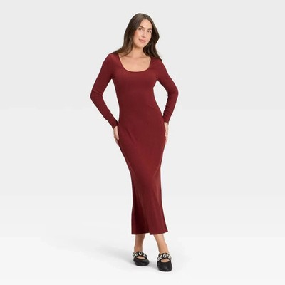 A New Day Dress Womens Large Dark Red Long Sleeve Rib Knit Maxi | eBay
