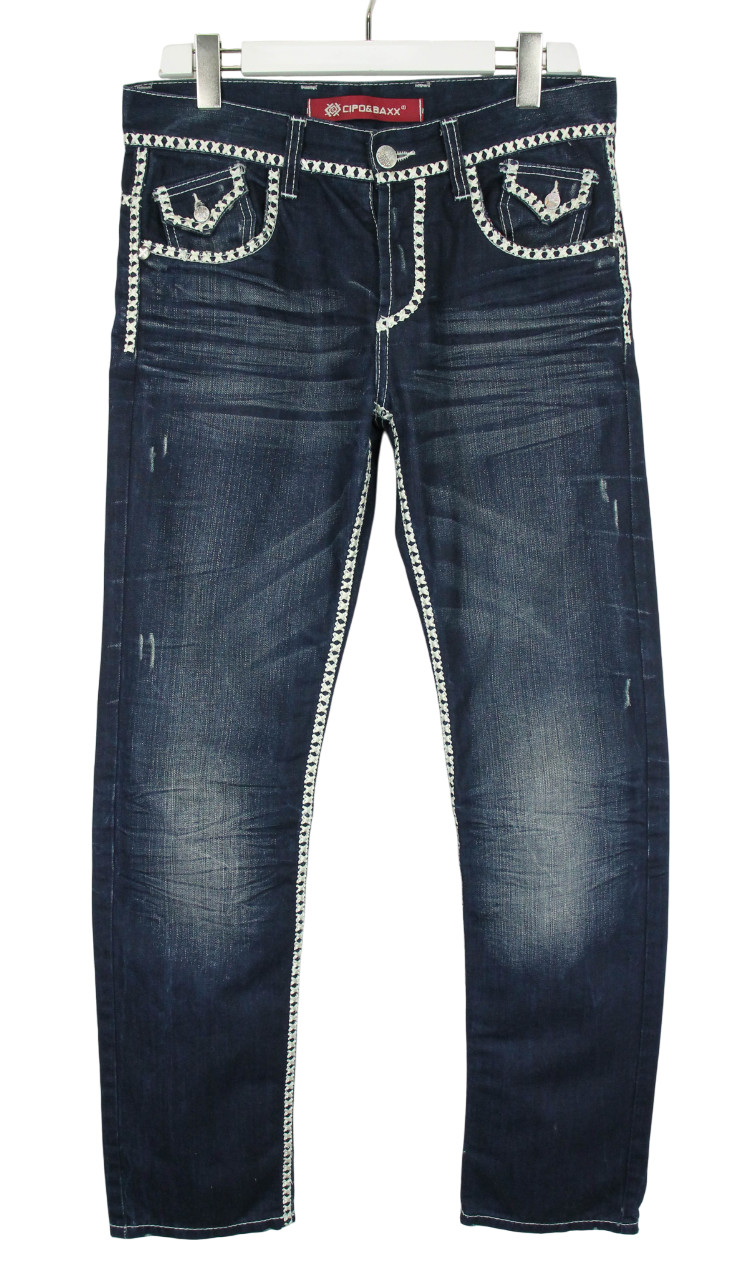 Vaqueros de hombre Cipo & Baxx W29/L32 bordados bigotes botón recto mosca azul