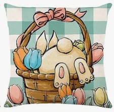 Bunny Basket Floral Whimsical Spring Easter Throw Pillow Cover Holiday Decor