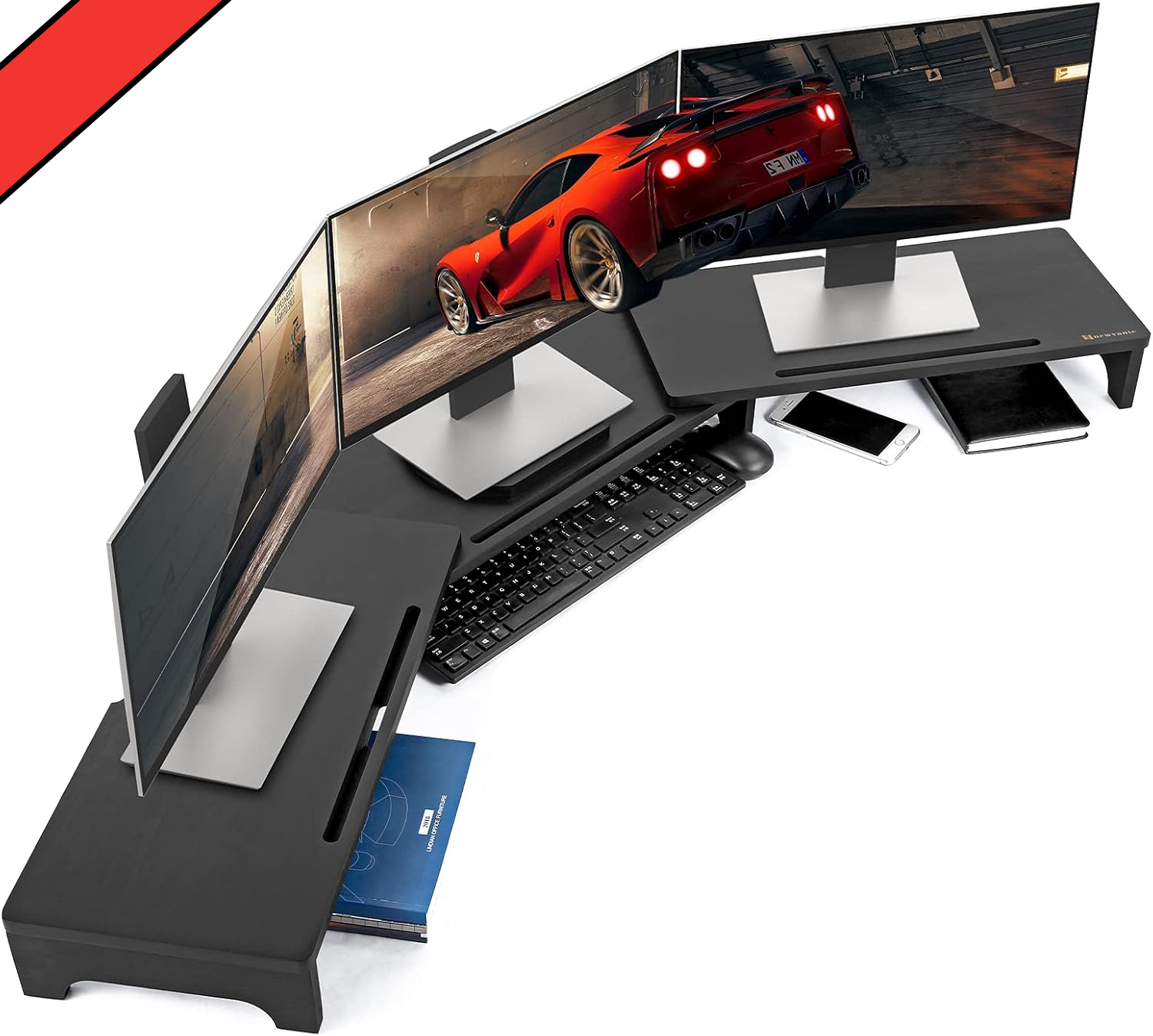 60-Inch Large Bamboo Dual Monitor Stand with 3 Shelves for Desk-image