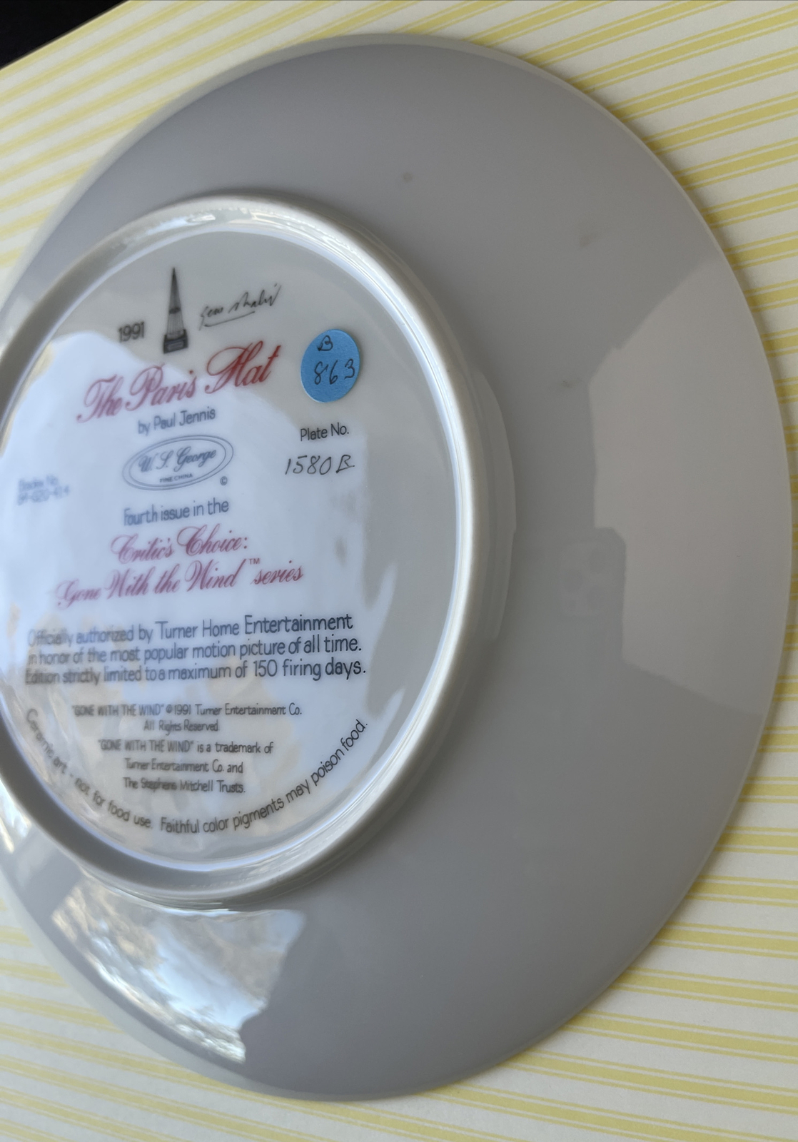 1991 SIGNED Paul Jennis “The Paris Hat” Gone w/ Wind W.J. George Plate (NO COA)