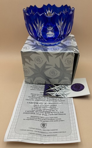 Bohemian Lead Crystal Cut To Clear Cobalt Blue Dandelion Petite Candy Cup Signed