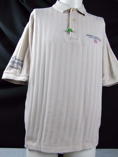 Harley Davidson Polo Shirt L Tan Ribbed Ft Wayne Indiana USA Flag Stratman - Picture 3 of 6