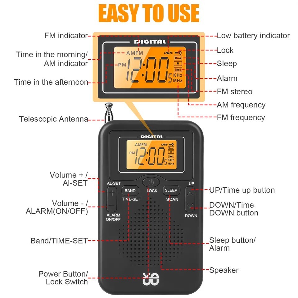 Portable Pocket Digital LCD AM FM Radio Battery Powered Receiver w/Loud ...