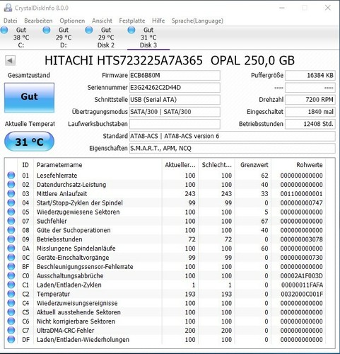Hitachi HGST Travelstar Z7K320 TCG HTS723225A7A365 250GB 2,5" SATA 7200RPM