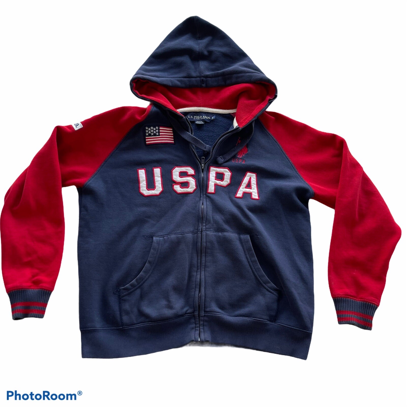 Felpa con cappuccio zip intera USPA Flag Red Pony rosso marino taglia small taglia maglione giacca.