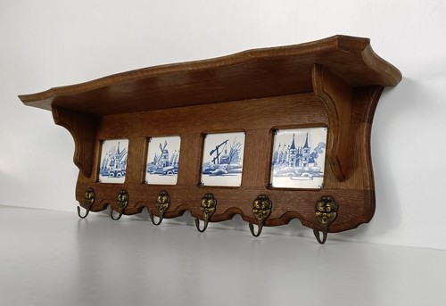 antique Coat Hat Kitchen rack Carved Wood Ceramic Delft tiles Blue white barn st - Picture 3 of 9