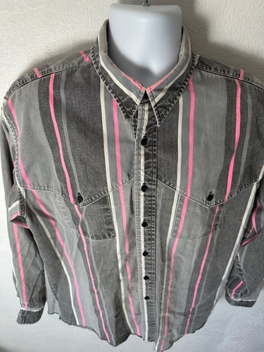 Vintage Wrangler Western Striped Brushpopper Shirt Mens XL X-LongTails Pink Grey - Picture 4 of 14