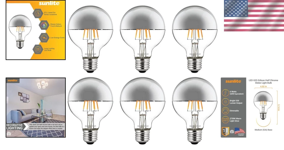 Elegant G25 Edison Half Chrome Bulb - Dimmable LED Light, 530 Lumens, E26 Base - Image 2 of 4