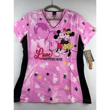 Disney Tooniforms Mickey Minnie Mouse Pink Floral Scrub Top Small