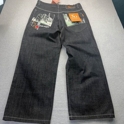 Chicago XO Jeans Baggy Wide Leg Embroidered Black Denim Y2K unbelievable 