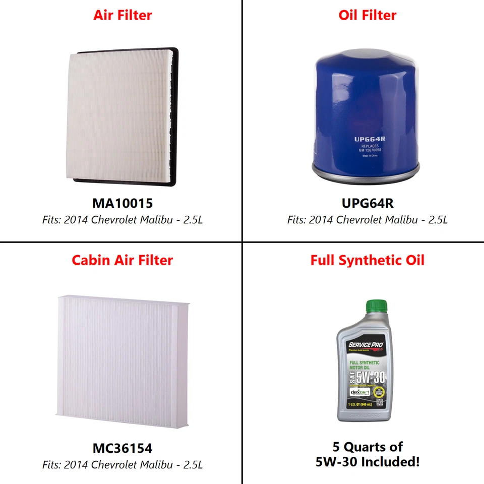 2014 Chevrolet Malibu 2.5L Complete Oil, Air & Cabin Filter Kit (5W-30) - Изображение 2 из 4