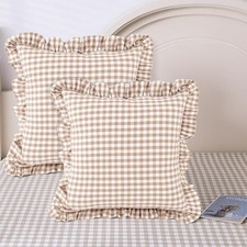 20x20 Farmhouse Ruffle Pillow Covers Cotton Taupe White Checkered Throw Pillo...