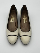 Ferragamo Vintage Leather Cap Toe Pumps Women s 7.5 B Cream Black Italy