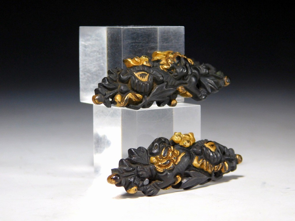 Shishi and Peony 43mm Large Kinko 目貫 Menuki Edo original tsuba antique