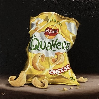 original Still Life oil painting, quavers cheese crisps
