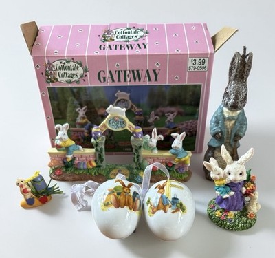 Lot Of 6 Vintage EASTER ITEMS! Ceramic, Wax, Resin! Easter Town With Box