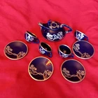 VINTAGE STYLE 'CHINESE COBALT BLUE CERAMIC TEA SET WITH METAL OVERLAY DESIGN