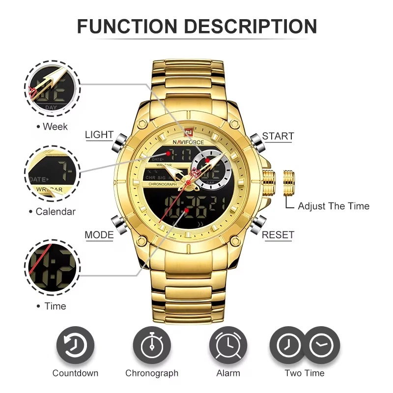Reloj Hombre NAVIFORCE Lujo Impermeable 3 Bar Acero Inoxidable Cuarzo Doble Pantalla Foto 4 de 4