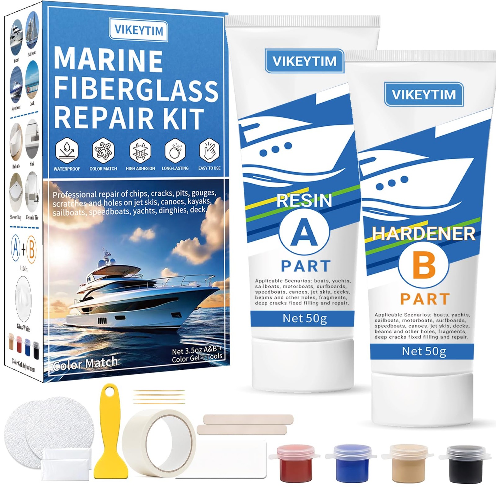 VIKEYTIM Marine Fiberglass Repair Kit with Color Match Gel Coat 3.5oz 100g
