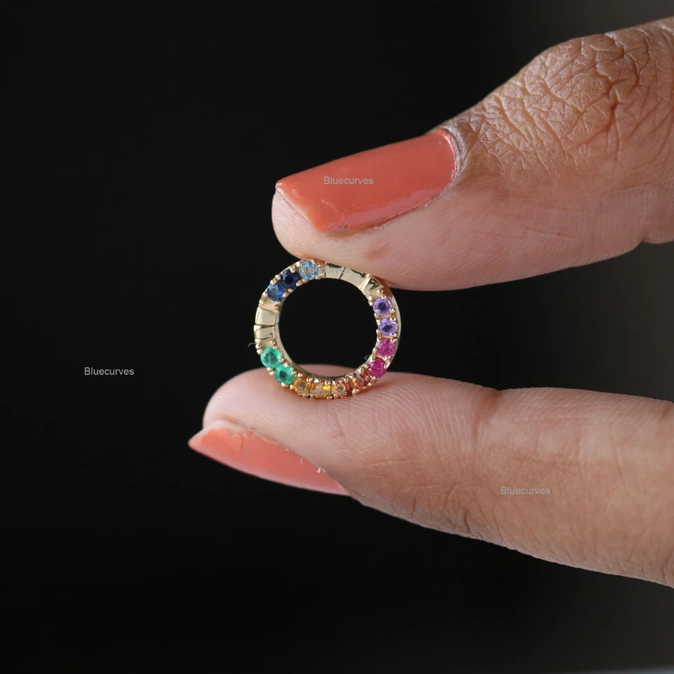 12mm Rainbow Sapphire Round Enhancer Push Lock, Pendant Charm Holder in 14k Gold - Image 2 of 4