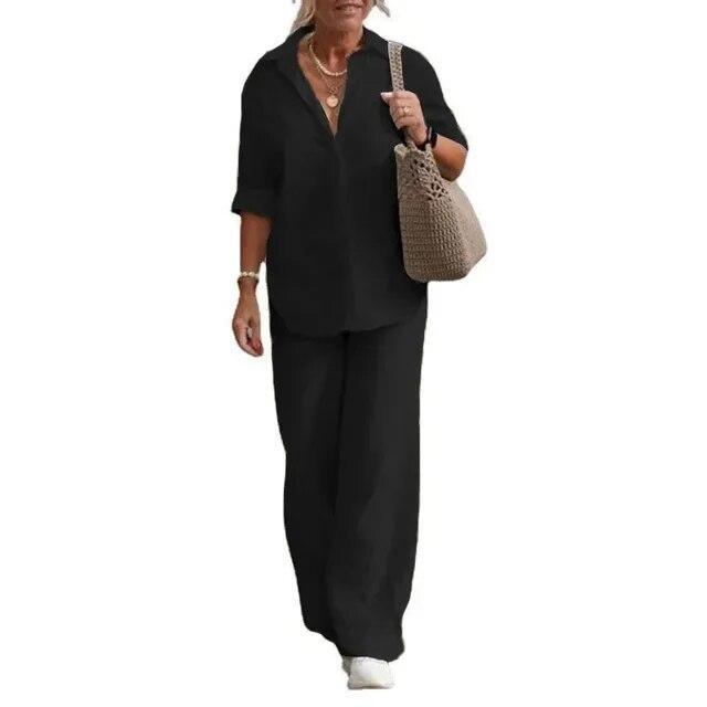 Women's Cotton Linen Suit Sleeve Shirt Long Loose Pants Set Female Casual Sets